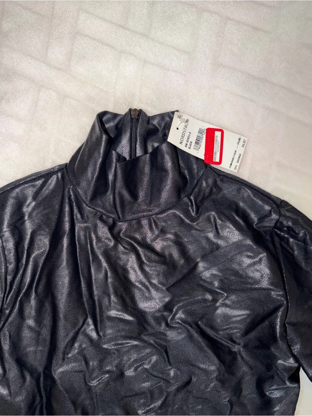 NAKED WARDROBE Black Shiny Mock Neck Long Sleeve Bodysuits - Picture 2 of 5